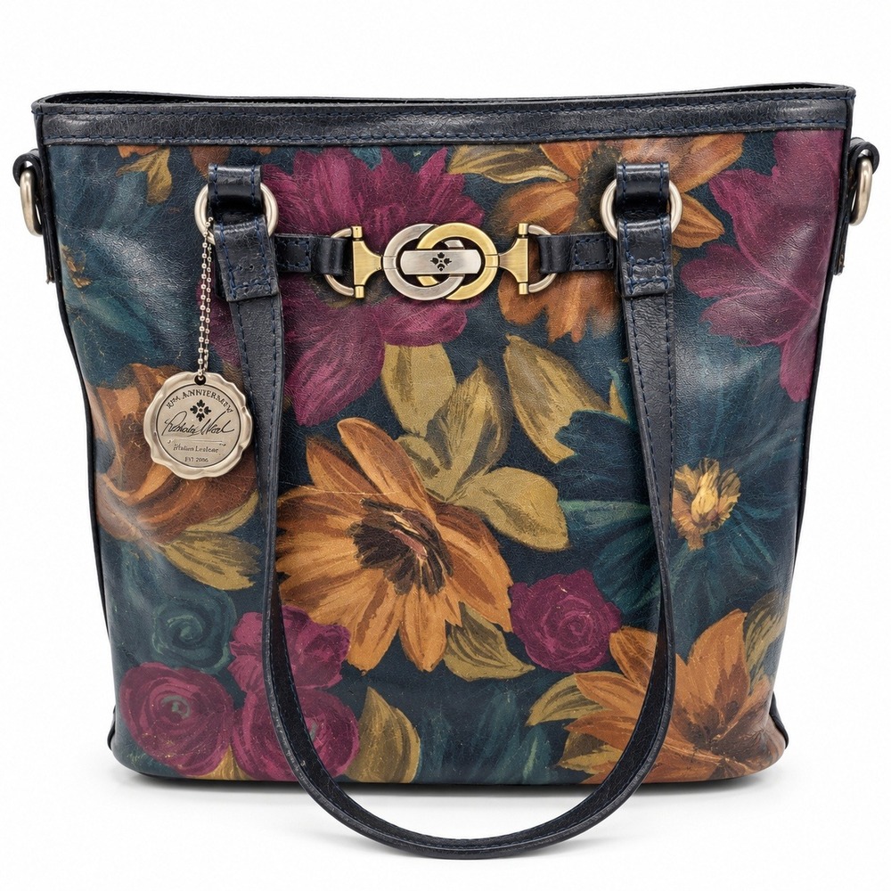 Patricia Nash 10th Anniversary Rayleigh Tote Navy Blue Floral Botanical Leather